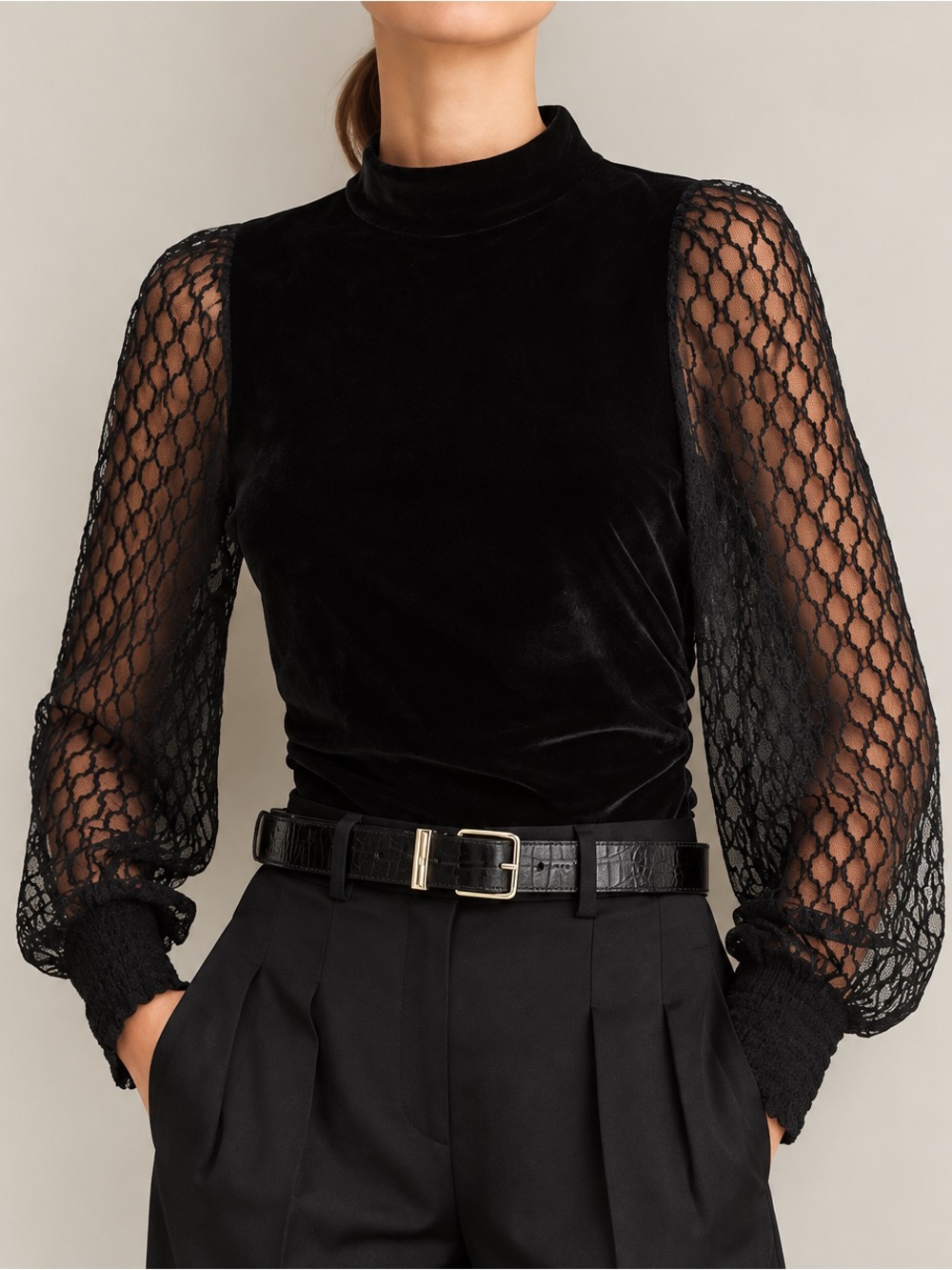 ME+EM Stretch Velvet Black Lace Sleeve High Neck Top Blouse US 4